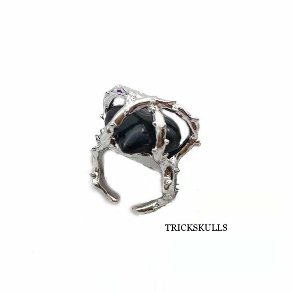 Silver & Black Gothic Punk Heart in a Cage of Thorns Adjustable Open Ring New!